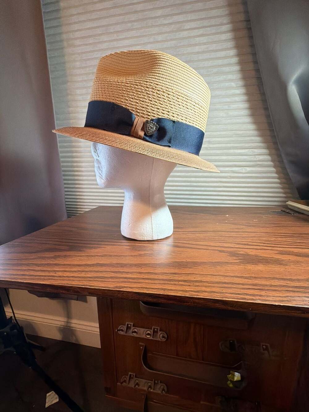 Dobbs Fifth Avenue Men's Straw Fedora Hat Sand/Cognac with Navy Band Size Large